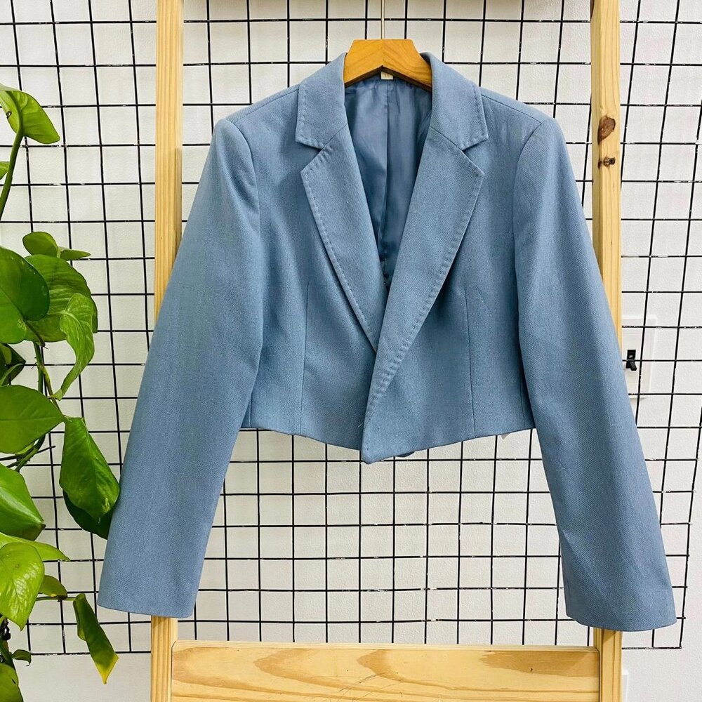 💙 Dusty Blue Crop Blazer Chic Open Front Jacket Trendy Top